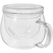 Teetasse aus dickem Glas, geeignet für losen Tee (350 ml), mit Henkel, verhindert Verbrühungen, rutschfester Boden.