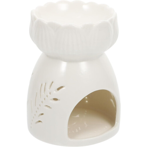 Keramische aromatherapiebrander met wit bladmotief.