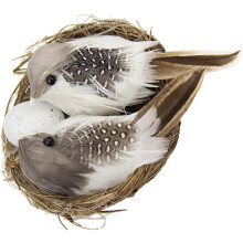 Künstliches Vogelnest mit Vogelornamenten für Garten- und Wohndekoration, Nest aus Holz im Landhausstil
