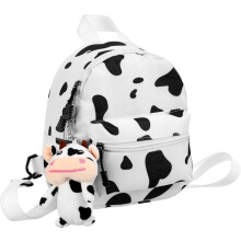 Canvas-Rucksack für Mädchen mit niedlichem Kuh-Schlüsselanhänger und leichtem Design – ideal für Schule, Uni und Alltag