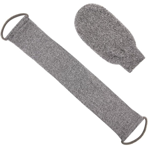 Set aus Peelinghandschuh und Badetuch aus grauen Bambusfasern