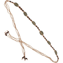 Curea de talie reglabilă în stil boho, din frânghie, cu mărgele de lemn lucrate manual, împletite, model țesut