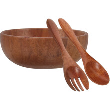 Salatschüssel aus Holz, inklusive Löffel und Gabel, hitzebeständig, glatte Kanten, Akazienholz-Optik