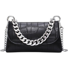 Mini-Bauchtasche, schwarz, Damen-Umhängetasche, dicke und dünne Kettenriemen, geprägtes Muster, klein, handlich