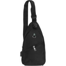 Herren Brusttasche aus PU-Leder, Umhängetasche, ideal für Freizeit und Reisen, Reißverschluss, mit USB-Anschluss für Kopfhörer, Schwarz
