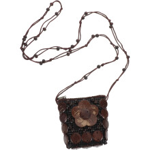 Handgefertigte Boho-Schultertasche aus gewebter Kokosnussschale im Ethno-Stil mit gestickten Blumen