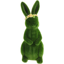 Osterdekoration mit beflocktem Hasen, stehende Hasenfigur mit Blumenkranz, Tisch-Gartenfigur