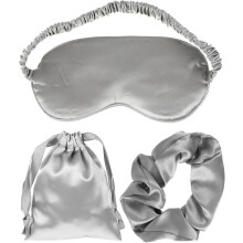 Schlafmaske mit elastischen Bändern, 3-teiliges Set aus Kunstseide, bequemem Augenschutz, Haarband und Aufbewahrungsbeutel