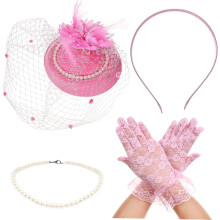 Retro-Blumenkopf-Set für Damen, inspiriert von Teeparty-Accessoires, bestehend aus Fascinator-Haarreif, Handschuhen und Hut