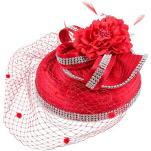 Red Mesh Fascinator Hat with Flower and Plume Secure Clip Hair Accessory