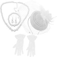 Vintage theekranshoed voor dames met sluier, fascinator, Victoriaanse kanten handschoenen, parelarmband en ketting.