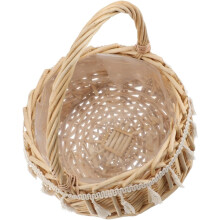 Dunkler, runder, geflochtener Korb aus Rattan mit Griff, rustikaler Flechtstil, khakifarben