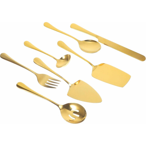 7pcs corte de bolo de aço inoxidável e servindo conjunto com garfos e colheres, pratos de ouro de 12 polegadas