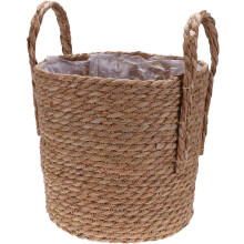 Cesta para plantas de lino tejido, color marrón, con asas dobles y película interior impermeable.