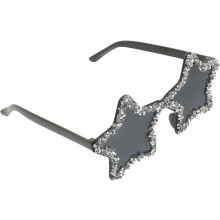 Gafas de sol sin montura en colores caramelo con pedrería brillante y diseño de estrella sin montura.