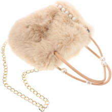 Große Kunstfell-Handtasche, flauschige Plüschtasche für Damen, Schultertasche mit Perlenkette, Winter-Accessoire