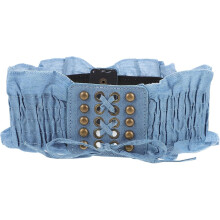 Centură elastică din denim, model macrame, cu dantelă, albastru deschis