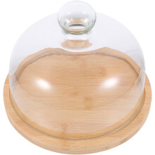 Drehbarer Servierteller mit Deckel, Dessertplatte aus Glas und abgerundetem Holzgriff in Khaki