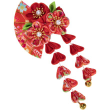 Haarspange in Fächerform im japanischen Stil mit langer Quaste und Glöckchen, rote Stoffhaarspange als Kostümaccessoire