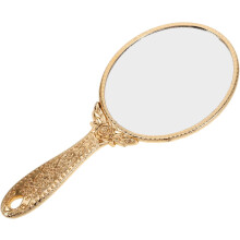 Carved Vintage Handheld Mirror with Rose Pattern Portable Oval Makeup Mirror in Light Rose Gold