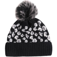 Chapéu de Beanie de lã de impressão de leopardo com pele desmontável Pom Pom, chapéu de malha de inverno grosso