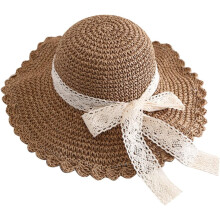 Light Coffee Lace Bowknot Straw Beach Hat for Women, Foldable Sun Protection Wide Brim Hat