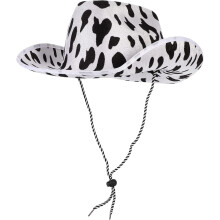 Cappello da cowboy western in feltro con stampa mucca e motivo latte, ideale per feste e spettacoli.