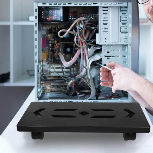 Mobile Computer Tower Stand with Swivel Casters and Raised Platform, Black Plastic CPU Holder 2