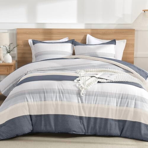 Gestreept microvezel dekbedovertrekset, queensize, 3-delig 1