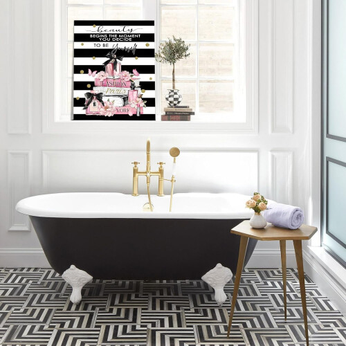 Tableau mural moderne à rayures encadrées sur toile à fleurs roses 1