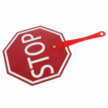 Rode, handzame stopbordpeddel, geschikt voor gebruik door leerkrachten in de klas.