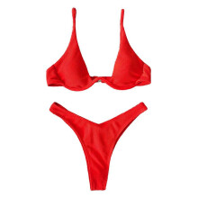 Bikini brasileño sexy para mujer, traje de baño con aros y efecto push-up, color naranja neón.