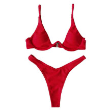Women Sexy Two Piece Brazilian Bikini Set V-Neck Push Up Underwire compatible with Triangle Swimsuit Bright Neon Solid Color Ribbed Bathing Suit red
