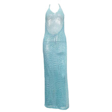 Vestidos largos de playa de punto para mujer, pareos de crochet, sin mangas, con aberturas laterales, estilo bikini, color azul cielo.