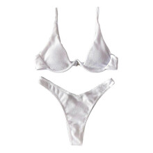 Women Sexy Two Piece Brazilian Bikini Set V-Neck Push Up Underwire compatible with Triangle Swimsuit Bright Neon Solid Color Ribbed Bathing Suit white