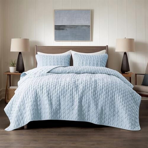 Lyseblåt geometrisk quiltsæt Queen, 3 dele 1