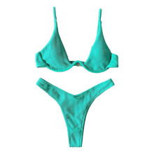 Women Sexy Two Piece Brazilian Bikini Set V-Neck Push Up Underwire compatible with Triangle Swimsuit Bright Neon Solid Color Ribbed Bathing Suit green