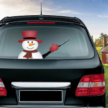 Achterruitwissersticker Kerstsneeuwpop die zwaait (3D-animatie, grappige kerstsneeuwpop met rode hoed en zwarte strepen)