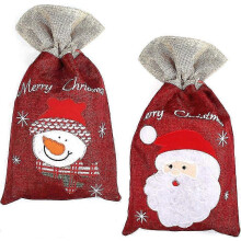 2 linnen kerstcadeautasjes – 24x40 cm met trekkoord, herbruikbaar, met sneeuwpop/kerstman