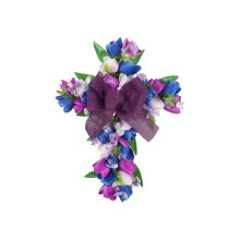 45cm Purple Easter Cross Wreath with Tulips and Ribbon