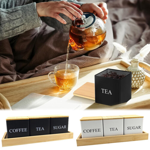 3-Piece Metal Tea Coffee Sugar Canisters 500ml Square 1