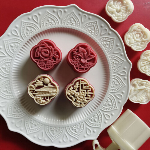Håndpresse månekakeformsett – 4 blomstermønstre, 1