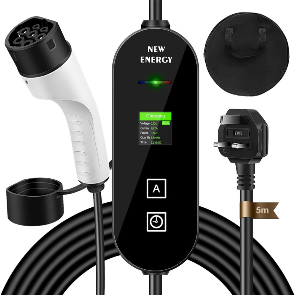 Ev Charger Cable Type 2 To Uk 3 Pin Plug, 5M 6/8/10/13/16A Portable Electric 3.6Kw Car Charger With Led Display,Type 2 Charging Cable For Evs And Phev 4712389706775