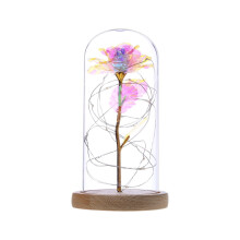 Rose galaxie LED sous dĂ´me de verre avec socle en bois