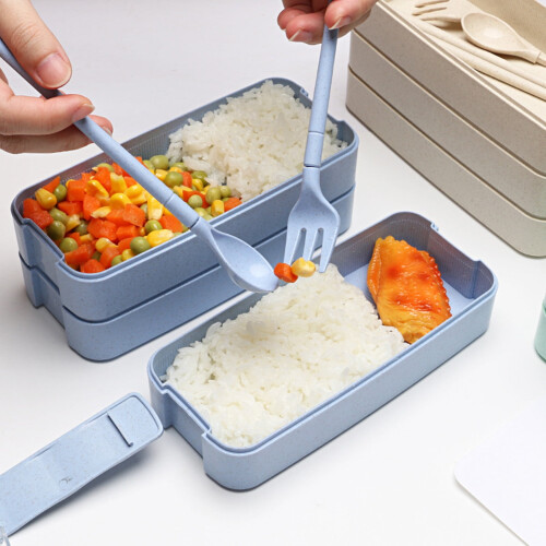 Set di 3 contenitori bento impilabili e a prova di perdite con posate.