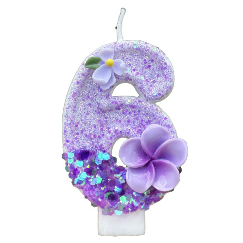 Bougie chiffre 6 à paillettes violettes avec fleurs