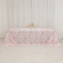 Nappe en polyester Ă motif toile de Jouy blanche et rose, 229 x 396 cm
