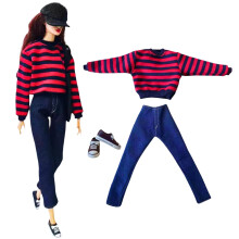 3-delige Modepop Outfitset, Trui met Jeansshorts en Schoenen, 11.5 inch Pop of BJD (rode Streep)