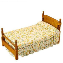 EatingBiting 1:12 Vintage Flower Print Bed, mini House Miniature Furniture Wooden Single Bed Traditional Flower, DIY Scene House Home Furniture Craft
