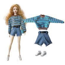 AQQeenmiu Mode Poppen Outfit Set met Gestreepte Hoodie, Shorts, Riem en Sneakers voor 11.5-12 Inch Poppen